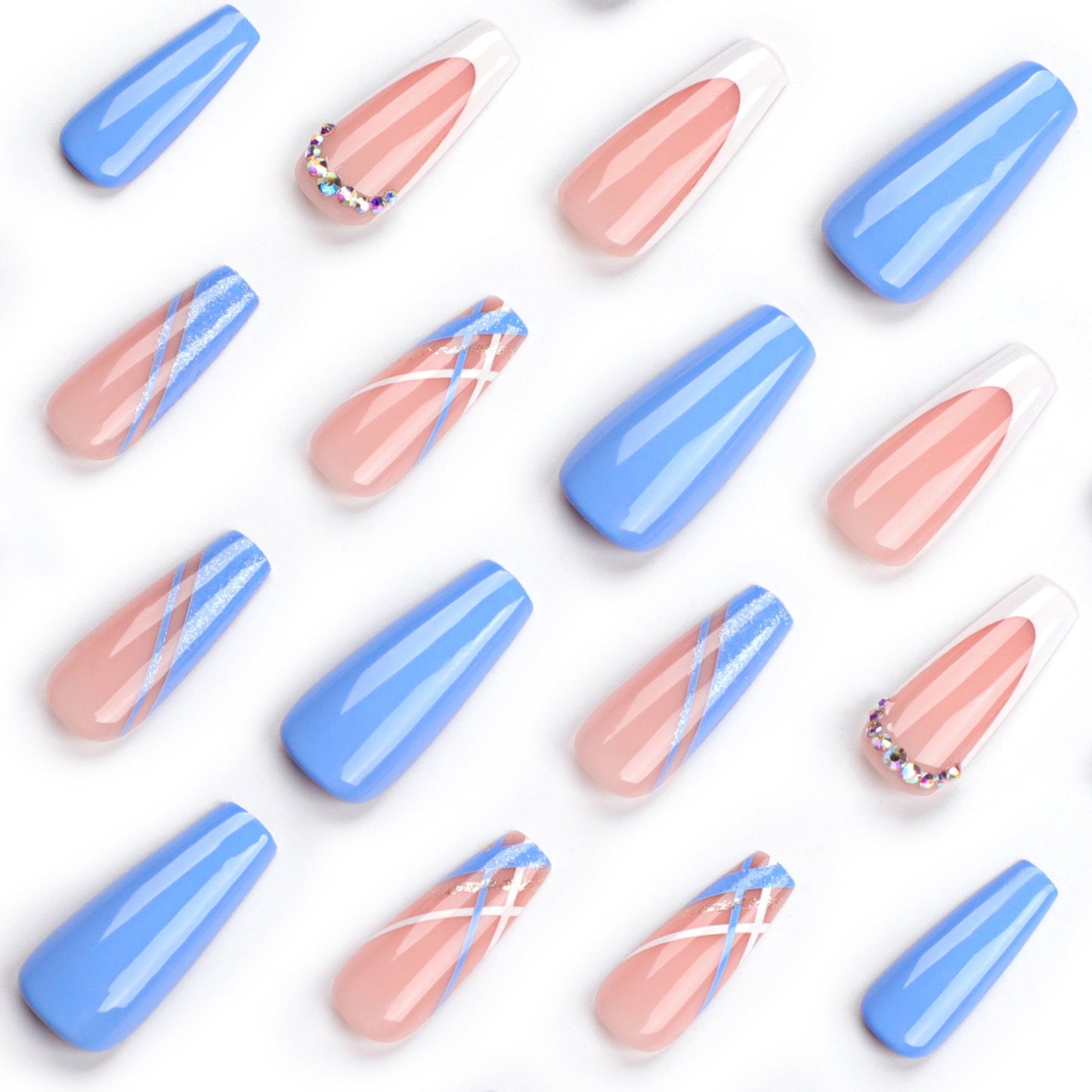 Blue French Long Press on Nails