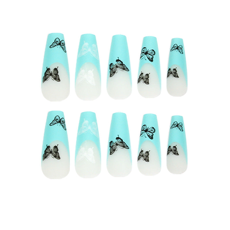 Blue Butterfly French Long Matte Square Press on Nails