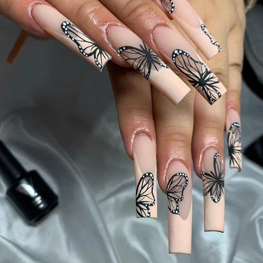 Butterfly French Long Matte Pink Square Press on Nails